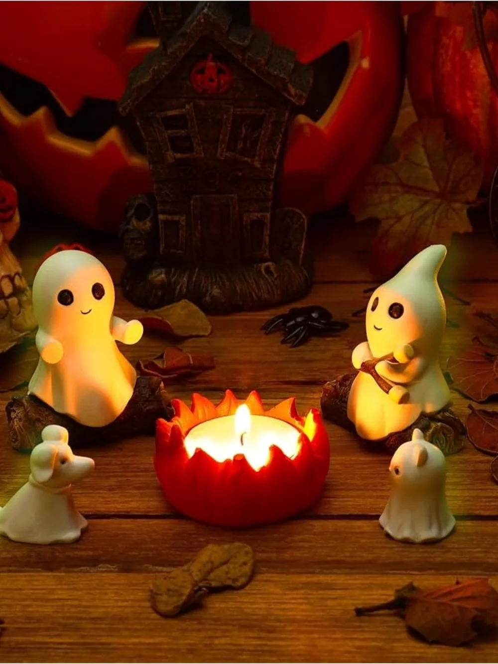 Cute Halloween Ghost Tea Light Holder Set - White Ghosts with Orange Candle
